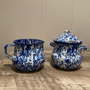 Blue Splatterware Creamer And Sugar Bowl W/ Lid Set Rustic Chippy